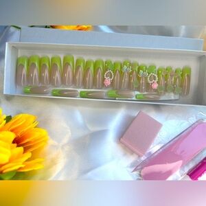 Elegant Green & Nude Press-On Nails with Floral and Pearl Embellishments